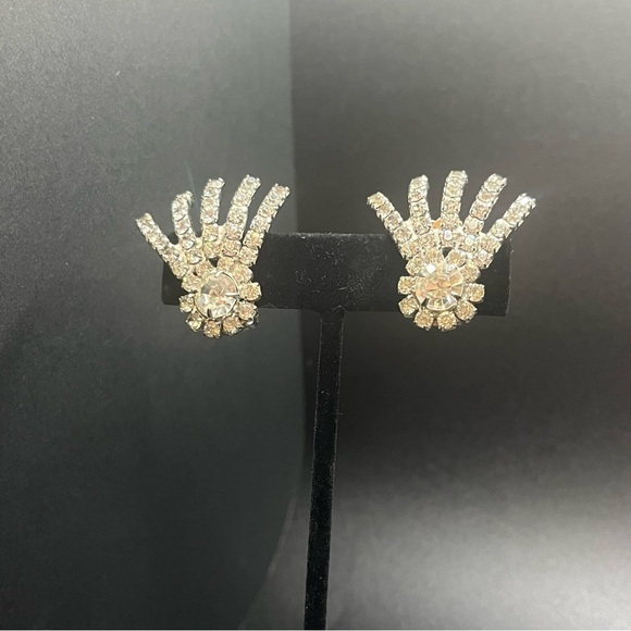 Silver Tone Rhinestone Art Deco Style Diamond Shape StarBurst Clip Earrings - Picture 2 of 9